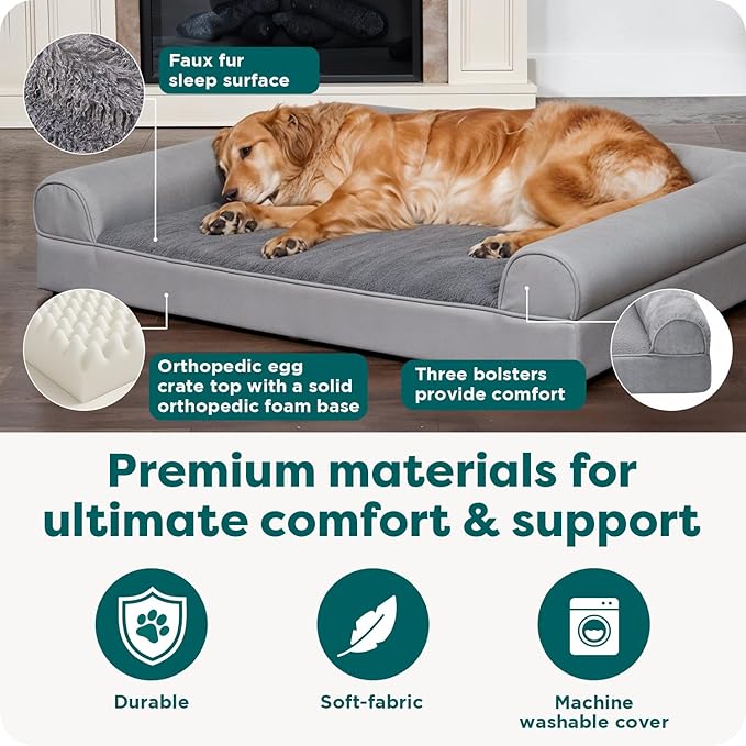 Furhaven Orthopedic Dog Bed for Large/Medium Dogs w/ Removable Bolsters & Washable Cover, For Dogs Up to 55 lbs - Faux Fur & Velvet Sofa - Dark Sage, Large