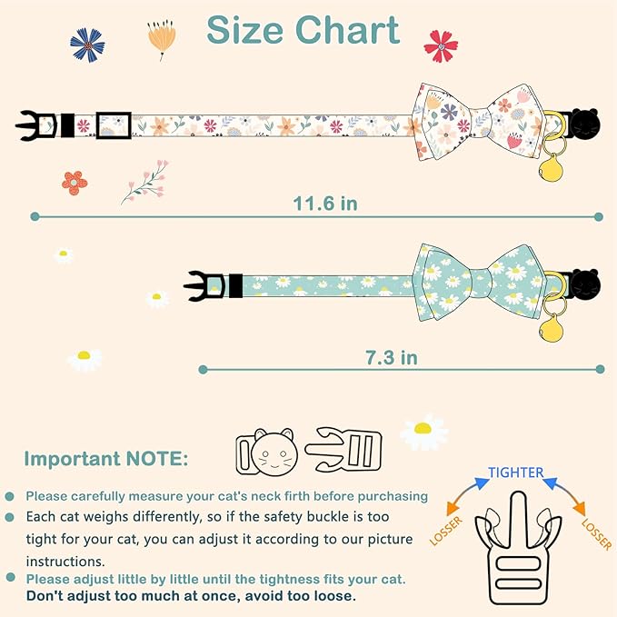 Faygarsle 2 Pack Cotton Designer Breakaway Cats Collar with Bow Tie and Bell Cat Collars for Girl Female Cat Collar with Bell Collars for Cats Flower Pattern