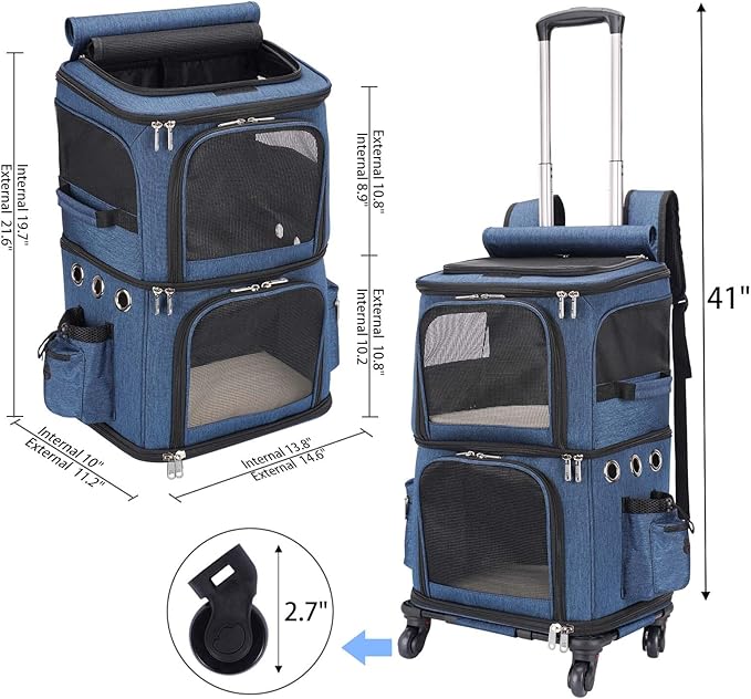 Double-Compartment Pet Carrier Backpack with Wheels for Small Cats and Dogs, Cat Rolling Carrier for 2 Cats, Perfect for Traveling/Taking a Walk/Trips to The Vet, Blue