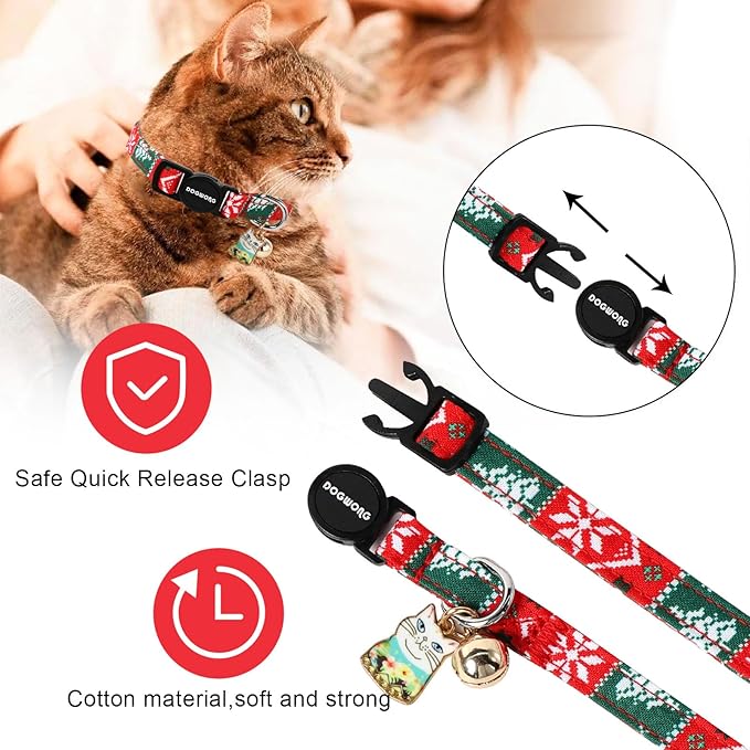 Cat Collar,2 Pack Cat Collars Breakaway with Bell, DOGWONG Safety Buckle Red Christmas Cat Collar for Girl Boy Cats and Small Dogs，Adjustable 7-12 Inch,Pet Supplies Accessories