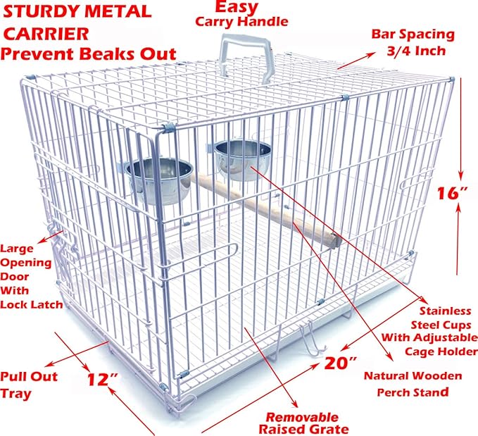 Collapsable Bird, Parrot, Dog, Bunny, Rabbit and Cat Carrier Travel Vet Carrier Cage (19" x 12" x 16"H, White)