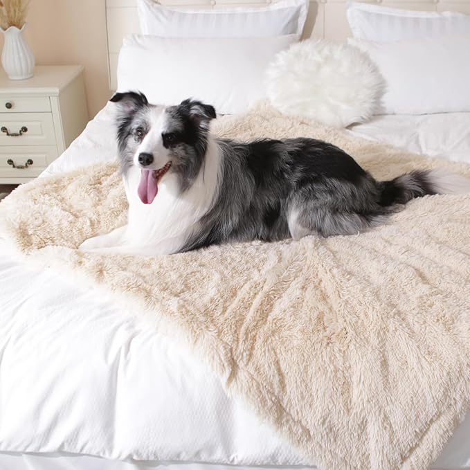 gogobunny Waterproof Dog Blanket for Couch & Furniture Protection - Super Soft Reversible Throw for Large Dogs & Cats, Calming Washable Fur & Sherpa Pet Blanket (50x60 Inch, Beige)