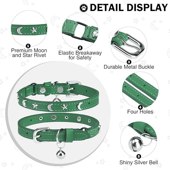 Leather Cat Collars for Boy Girl Cats with Bell and Safety Elastic Belt, Personalized Star and Moon Stud Adjustable Safe Buckle Collar for Kitty Small Big Cats Size 7-9 Inch, Green