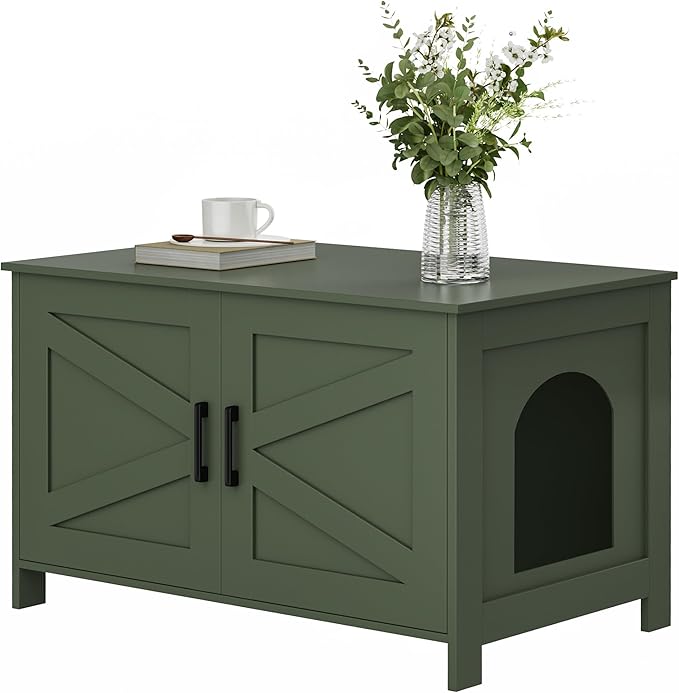 Homhedy Cat Litter Box Enclosure,Litter Box Furniture Hidden with Barn Door,Wooden Cat Washroom Furniture,Fit Most of Litter Box, Green, CL50L
