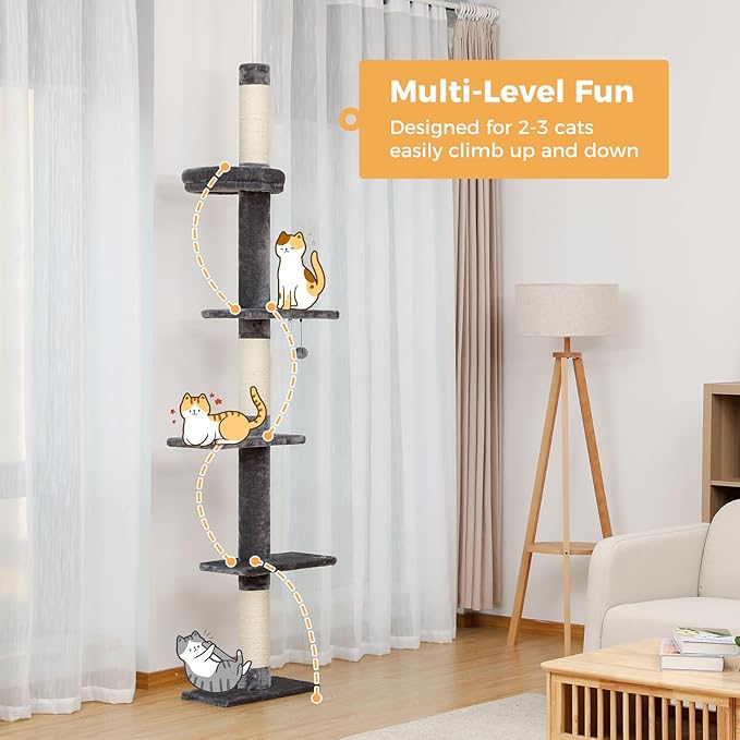 PETEPELA Cat Tower 5-Tier Floor to Ceiling Cat Tree Height(95-107 Inches) Adjustable, Tall Climbing Tree Featuring with Scratching Post, Cozy Bed,Interactive Ball Toy for Indoor Cats/Kitten Grey
