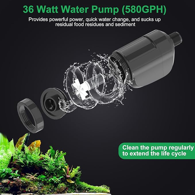 Electric Aquarium Vacuum Gravel Cleaner, 36W Electric Fish Tank Cleaning Tools with Strong Suction for Automatic Water Change Algae Filter Water Circulation Wash Sand 580GPH (Black)