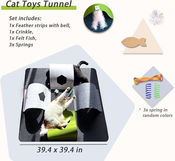 Interactive Cat Tunnel Toys for Indoor Cats,4-Way Felt Cat Tunnel Play Mat with Feathers & Bell 6 Pcs Cats Enrichment Toys Set Foldable Kittens Cave Hideout for Pet Hide & Seek (Dark Gray)