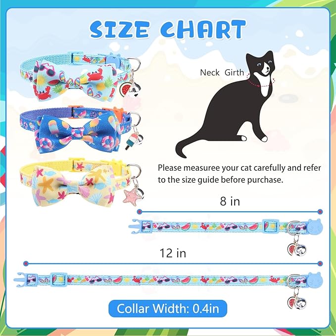 KOOLTAIL Breakaway Cat Collars for Boy Cats with Bow Tie and Bell, 3 Pack Fancy Ocean Theme Kitten Collars with Cute Charm Pendant & Safety Buckle, Adjustable Soft Collars for Boys Girls Kitty