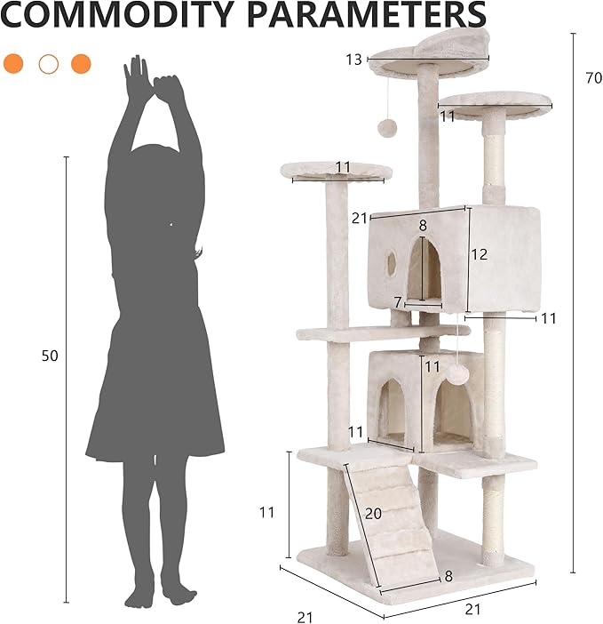 70 Inch Beige Cat Tree, Tall Cat Tower with 2 Condos, 3 Scratching Posts, Multi-Level Platforms - Sturdy Climbing Structure Tall Cat Tower for Indoor Cats