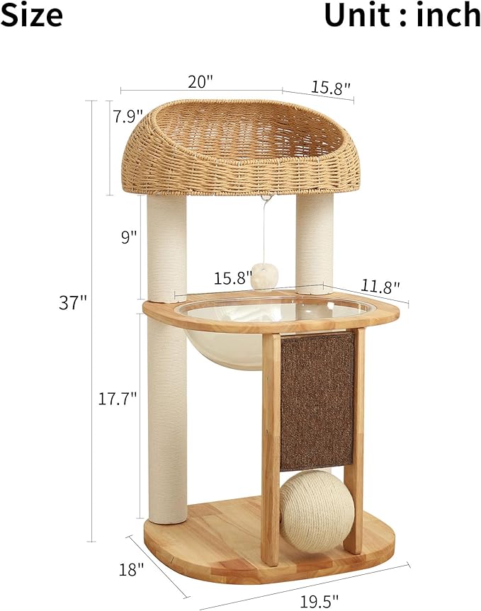 Wood Cat Tree for Large Cats, Modern Cat Tree Tower with Wide Shelves Cotton Scratching Posts, Super Sturdy Base, Cozy Perches, and Interactive Toys for Indoor Kittens