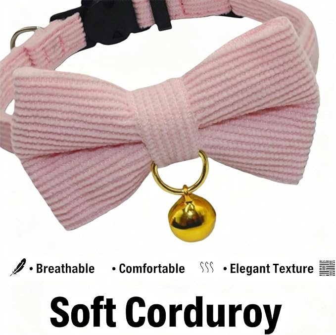 THAIN Cat Collar with Bow Tie and Bell, Breakaway Adjustable Cute Soft Corduroy Kitten Collars Safety Buckle for Girl Cats(Solid Pink)
