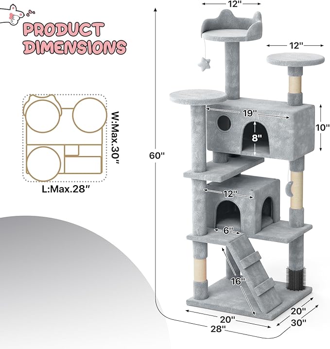 MoNiBloom 60 Inch Cat Tree Tower for Indoor Cats Large Adults, Cat Tower with Scratching Post, Multi-Level Furniture Activity Center with Cat Condo Pet Play House, Light Grey