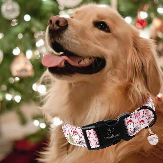 Christmas Dog Collar for Large Dogs - Cute Santa Print Pink Christmas Collars for Dogs, Soft Adjustable Winter Holiday Dog Collars with Quick Release Buckle L