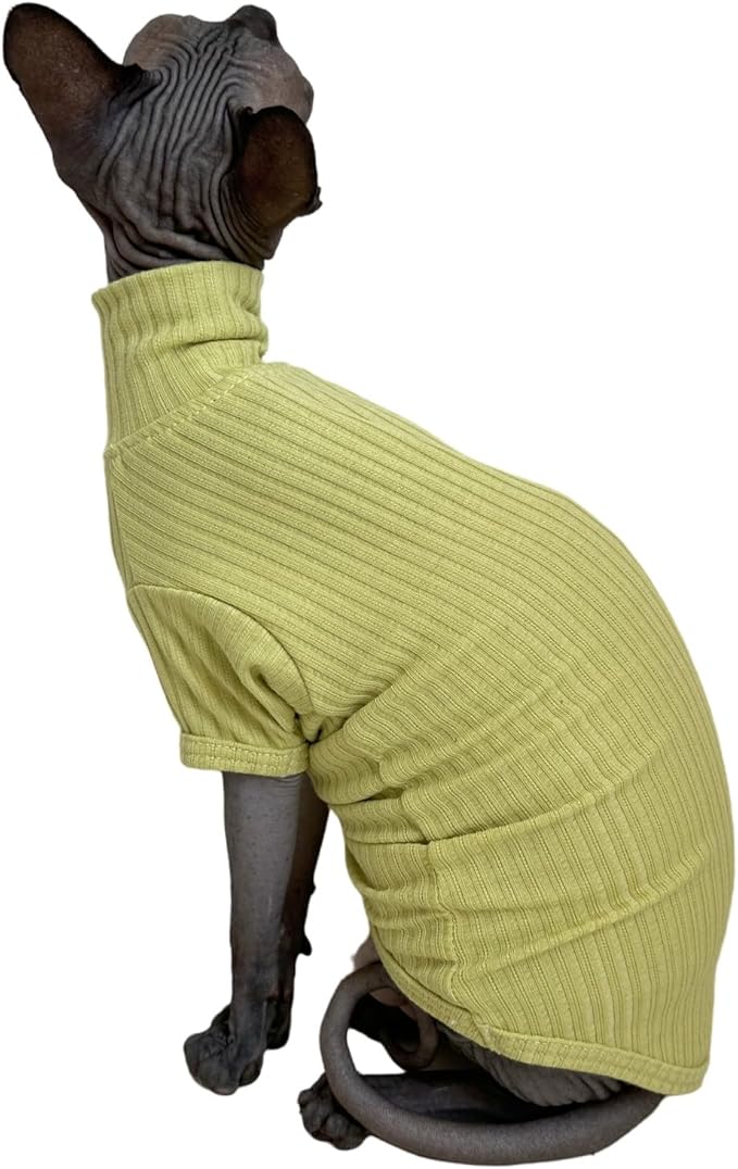 Sphynx Cats Shirt Cat Turtleneck Cotton Sweater Pullover Kitten T-Shirts with Sleeves Cat Pajamas Jumpsuit for Sphynx Cornish Rex, Devon Rex, Peterbald (X-Large (Pack of 1), Green Yellow)