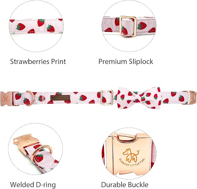 Elegant little tail Dog Collar, Strawberries Print Pet Collar Summer Dog Collar Durable Metal Buckle Dog Collars Cotton Pet Adjustable Dog Collars for X-Small Dogs