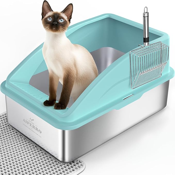 Stainless Steel Litter Box | XL Enclosed Cat Litter Boxs with Lid for Big Cats | High Sided, Anti-Urine Leakage | Non-Stick Bottom & Includes Litter Mat & Metal Scoop (Turquoise, X-Large)