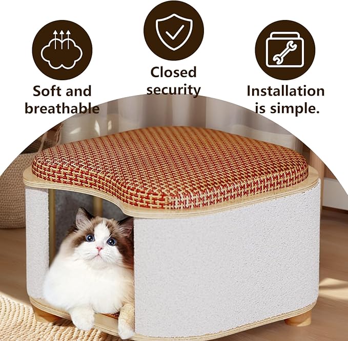 Cat Bed for Indoor Cats – Wooden Cat House with Scratching Pad, Multi-Functional Cat Furniture & Hideaway Stool, Durable Wooden Cat Cabinet Cottage for Kittens