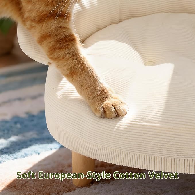 Cat Sofa Furniture-Style Pet Bed with Removable Cotton Velvet Cover, Solid Pine Wood Legs, for Cats and Small Dogs, White