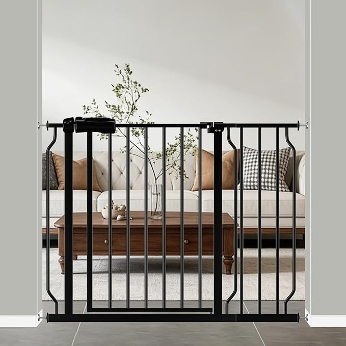 WAOWAO Baby Gate 38.58-43.31" Extra Wide Pressure Mounted Walk Through Swing Auto Close Safety Black Metal Toddler Kids Child Dog Pet Puppy for Stairs,Doorways,Kitchen