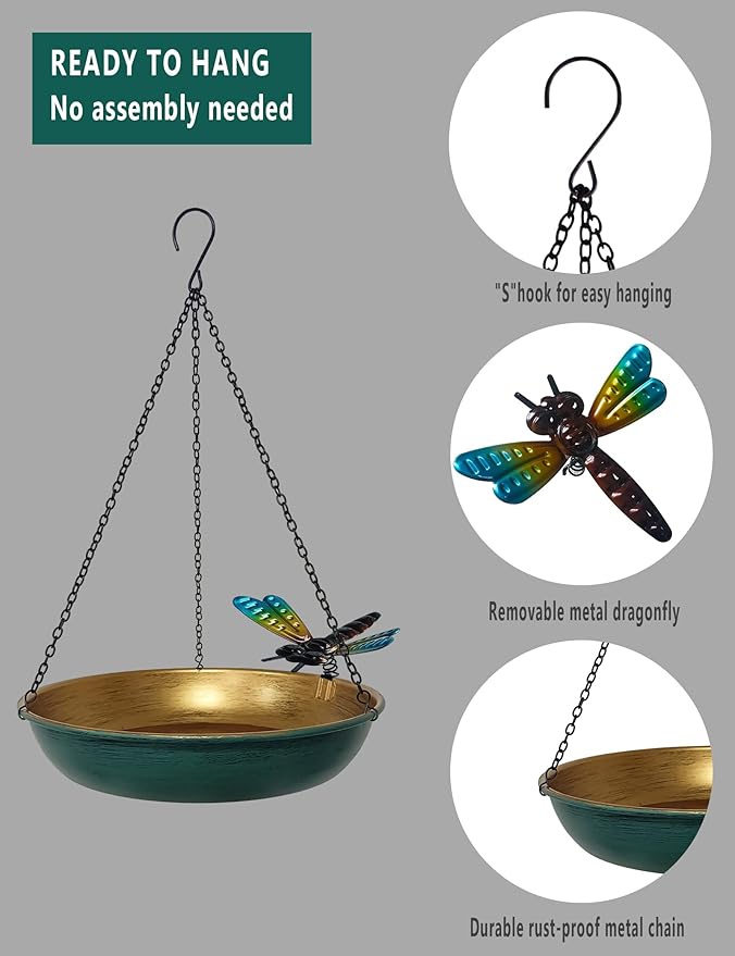 Hanging Birdbath Bird Feeder for Outdoor 11 Inch Green/Bronze Cute Metal Bird Bath Bowl with Detachable Black Chain Metal Dragonfly Backyard Birdbath Garden Decor