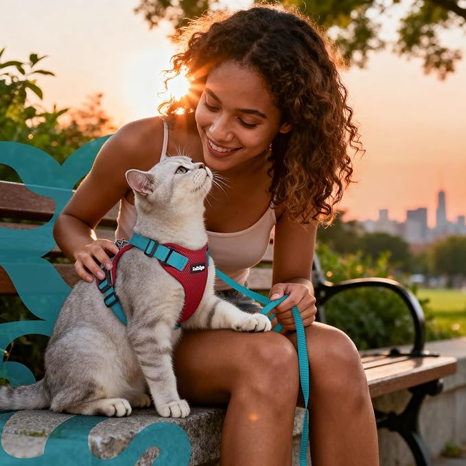 rabbitgoo Cat Harness and Leash for Walking, Escape Proof Soft Adjustable Vest Harnesses for Cats, Easy Control Breathable Reflective Strips Jacket, Red & Teal, XXS