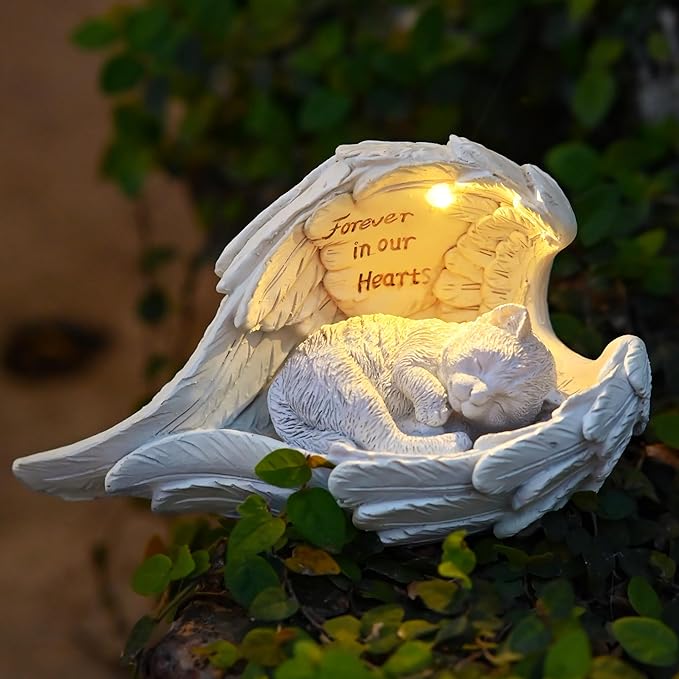 Pet Cat Solar Garden Memorial Statue – Outdoor Resin Angel Kitty with Solar Light, Guardian Angel Kitten Memorial Gift for Patio, Lawn, Yard, or Garden Christmas Decor