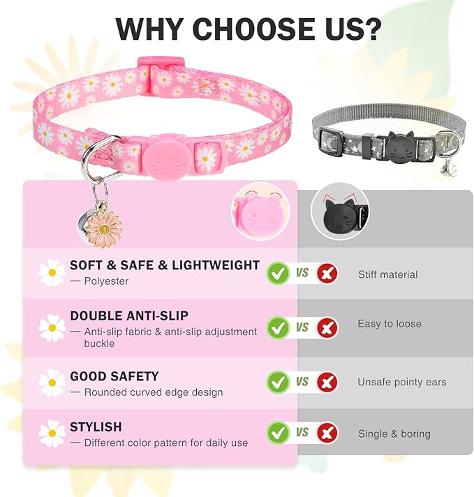 Cat Collars for Girl Cats, 3 Pack Spring Flower Cat Collars Breakaway with Bell for Outdoor Indoor Kitten, Cute Collar with Safety Buckle Adjustable 8"-12" for Kitty Puppy Small Pets, Floral