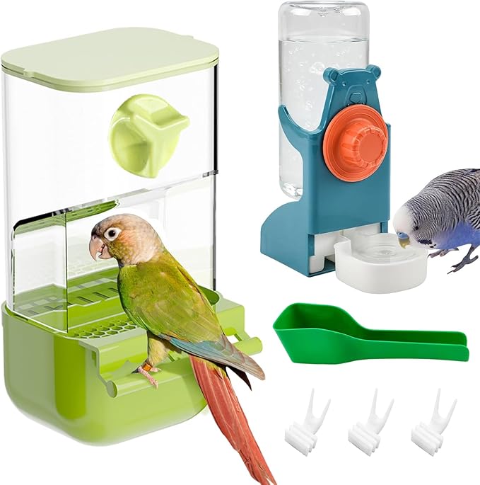 BNOSDM Automatic Bird Feeder Water Dispenser Set No Mess Bird Cage Feeders Parrot Cage Accessories Transparent Seed Food Container with Perch for Finches Parakeets Budgies Lovebirds Canaries (Green)