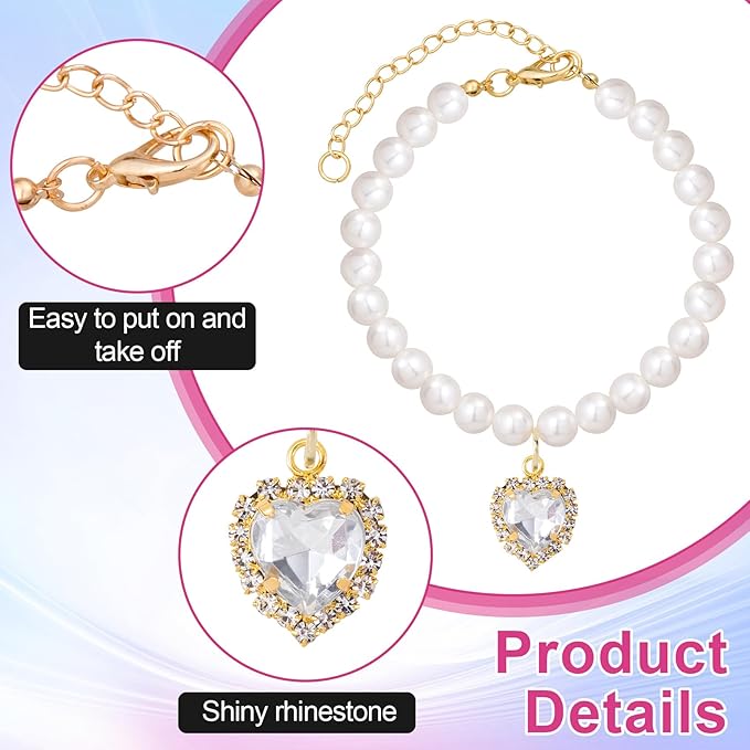 2pcs Cat Pearl Collar with Heart Pendant, Cute Pearl Pet Necklace in Small, Adjustable Wedding Party Small Dog Jewelry Accessories for Puppy Kitten- White & Purple