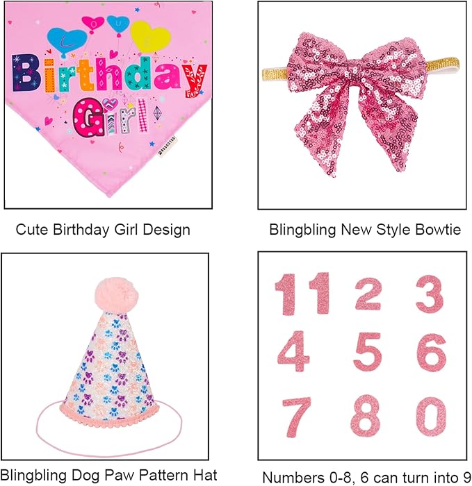 ADOGGYGO Dog Birthday Party Supplies, Pink Girl Dog Birthday Bandana Hat Numbers Bow Set for Medium Large Dogs (Large)