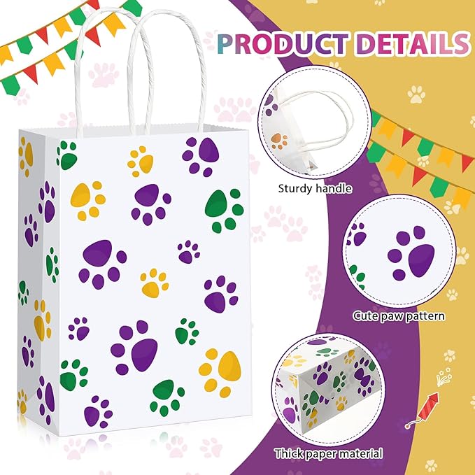 Blulu 20 Pcs Puppy Dog Paw Gift Bags with Paper Twist Handles, Dog Gift Paper Paw Treat Goodie Bags for Pet Treat Party Favor, 6.3 x 3.1 x 8.6 Inch