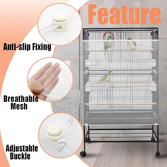 Bird Cage Seed Catcher,Large Birdcage Net Cover,Bird Cage Accessories for Parrot Parakeet Cockatiels Conures Macaw African Round Square Cages(118 * 31inch)