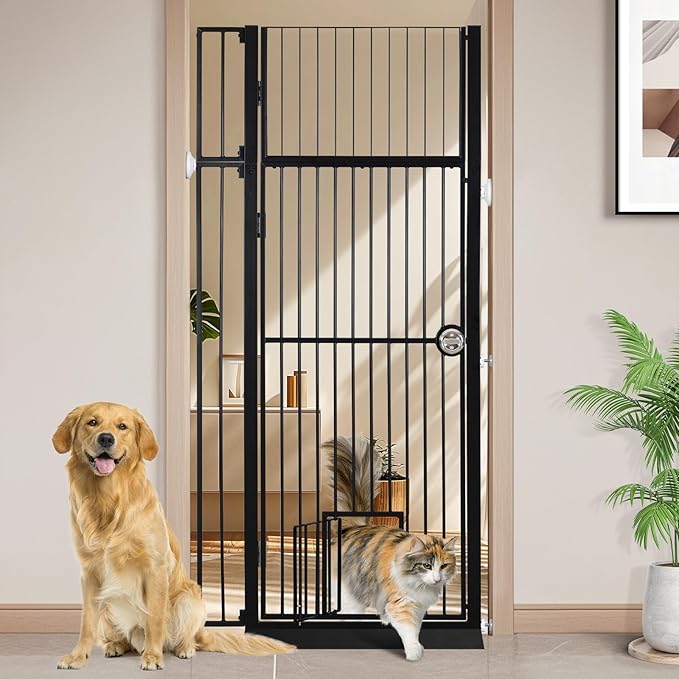 71" Extra Tall Pet Gate with Cat Door, 30"-37.5" Adjustable Wide, No Drill Pressure Mounted Auto-Close Safety Pet Gate Walk Through Safety Cat Gate