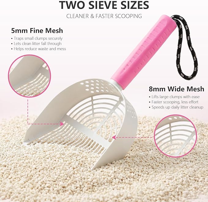 Cat Litter Scoop, Metal Scooper for Cat Box, Aluminum Alloy Sifter, Deep Shovel Poop Cleaner, Long Handle Ergonomic Grip, Rustproof Waterproof Construction, Design for Litter Box Cleaning