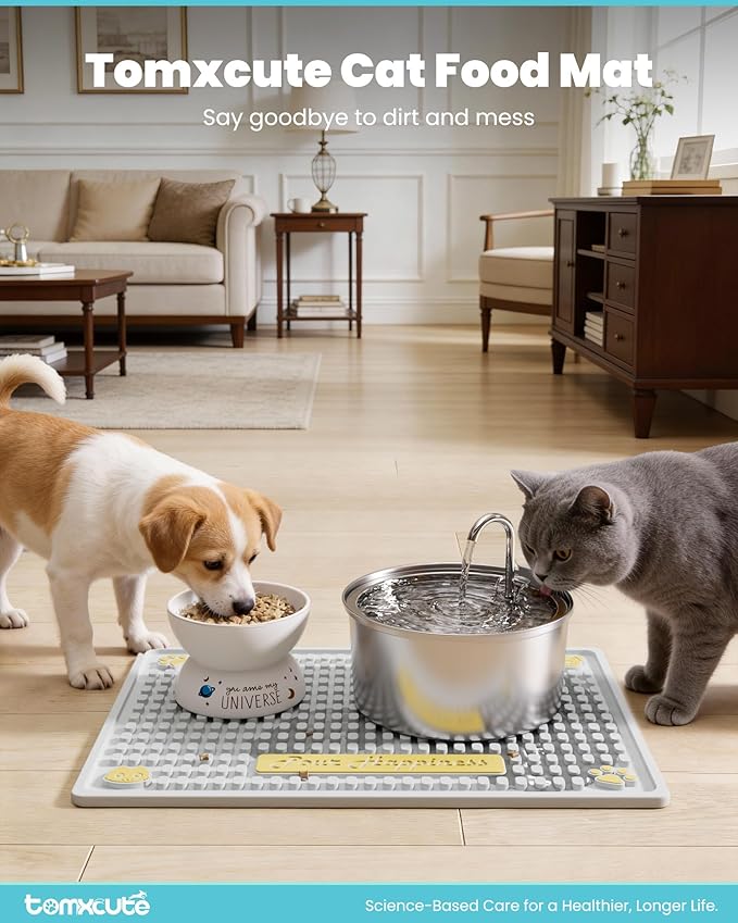 Tomxcute Extra Thick Pet Feeding Mat 19.7" x 14.2", BPA-Free Food-Grade PVC, Waterproof Raised Edge Non-Slip Bowl Mat for Cat Water Fountain & Automatic Feeder, Textured Fast-Drain, Brush Included