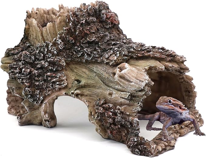Tree Trunk Cave Aquarium Decoration Reptile Cave Climb Hideout Hideaway, Betta Log Resin Wood House Fish Tank Decorations for Betta Fish, Shrimp, Lizards, Leopard Gecko