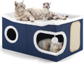 Shikha Cat Beds for Indoor Cats, Extra Wide Cat Cube House for Multi Cats, Foldable Cat Cave Hideaway with Arc-Edge Design & Oval Door, Reversible Cushion for All Seasons, 24"L x 17.7"D x 12.6"H, Blue