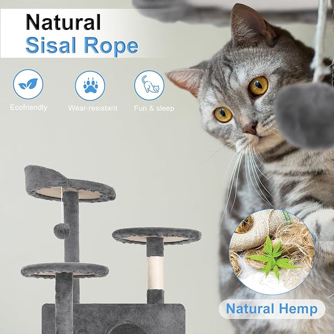 FDW | 54" Cat Tree Tower | Light Gray | Multi-Level Indoor Activity Center with Sisal Scratching Posts, Condos, Plush Perches, Hanging Cat Toys | Sturdy, Easy to Assemble | for Kittens & Adult Cats