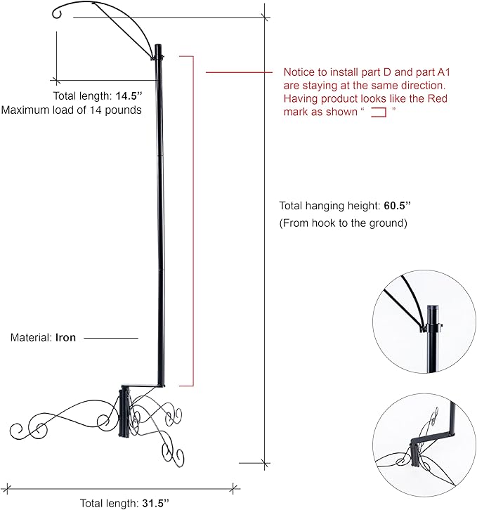 HOHIYA 61″ Heavy Duty Shepherd Hook Bird Feeder and Cage Stand for Garden Patio Backyard Solar Light Hook and Hanging Cages Compatible Black Powder Coated Weather-Resistant