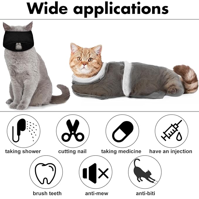 10 Pcs Cat Bathing Bag Set Pet Mesh Shower Bag Anti Bite and Scratch Pet Grooming for Washing Brush, Cat Muzzle, Nail Clipper, Nail File, Tick Tool(Gray and Black)
