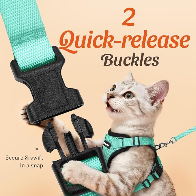 Dooradar Cat Harness and Leash Set, Escape Proof Safe Adjustable Kitten Vest Harnesses for Walking, Easy Control Soft Breathable Mesh Jacket with Reflective Strips for Cats, Green, S