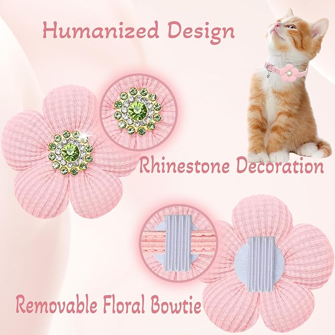 Cat Collar, HANSHILAI Kitten Collar with Bells, Cute Cat Collar Breakaway for Girl Boy with Flower,Collar para Gatos (Rhinestones Yellow & Pink & Orange & Purple)