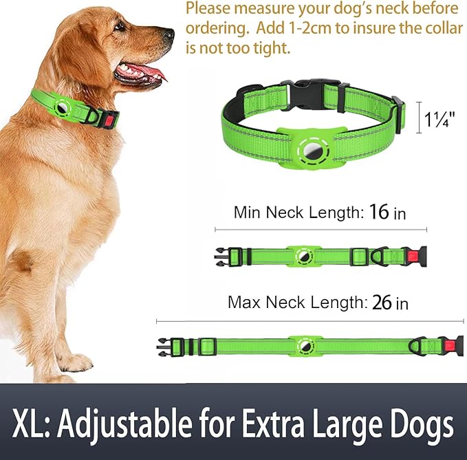 Airtag Dog Collar with AirTag Holder for Large Dogs, Reflective, Soft Padded & Safety Locking Buckle, Nylon Pet Collars Adjustable for All Breeds, Green,XL