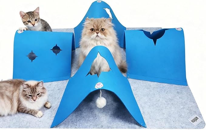 Interactive Cat Tunnel Mat for Indoor Cats, 4-Way Felt Cat Cave with Hanging Ball, Foldable Kitty Play Mat and Hideout, Pet Enrichment Toy for Kittens Rabbits Small Pets, Blue