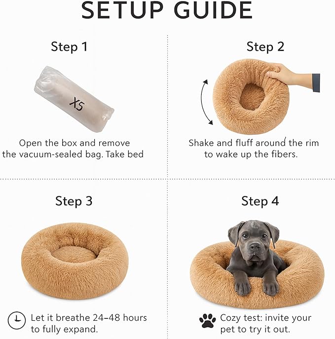 Calming Dog Bed - Fluffy Donut Cuddler for Anxiety Relief, Orthopedic Pet Bed with Non-Slip Bottom, Cozy Round Faux Fur Nest for Dogs and Cats, Plush Crate Mat for Comfort (Camel, Medium)