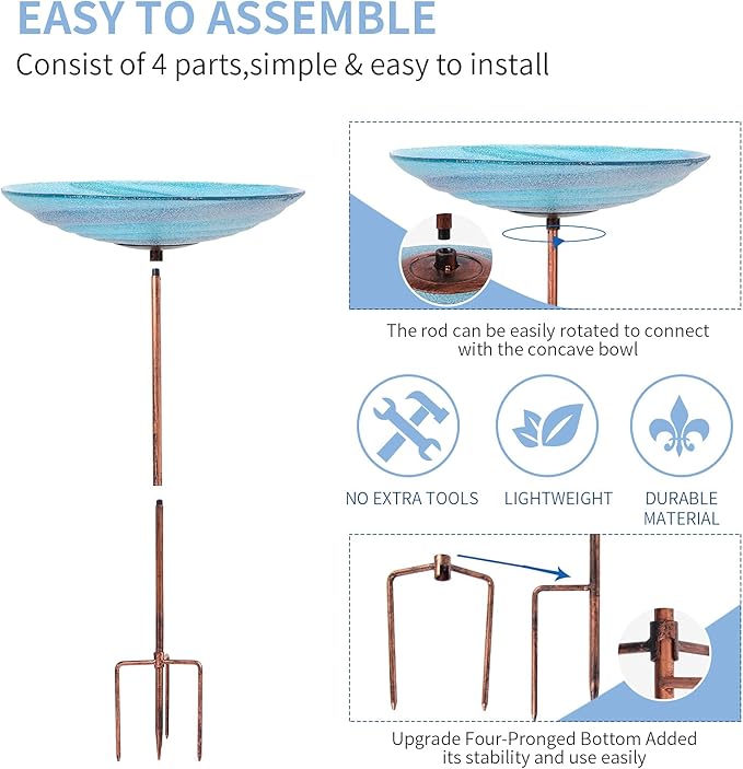 VCUTEKA Outdoor BirdBath Glass Bird Bath Garden Bird Feeder with Metal Stake
