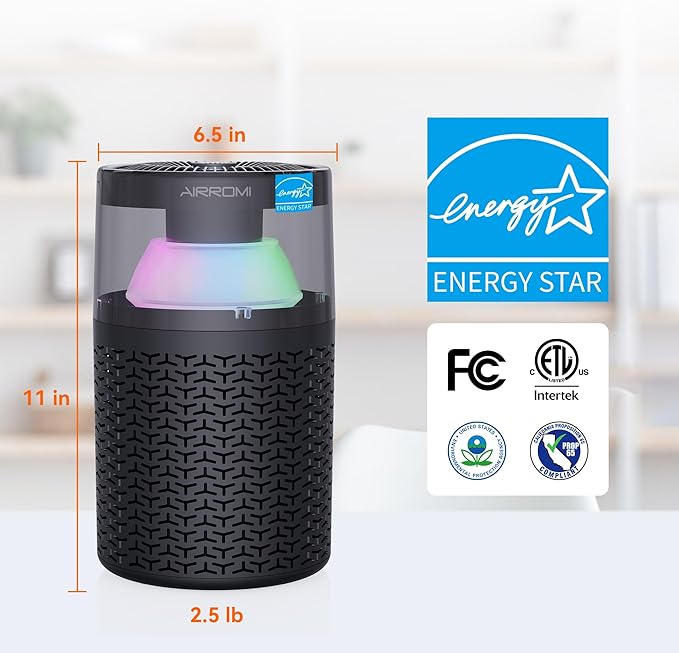 AIRROMI Pet Air Purifier for Home & Bedroom, HEPA Activated Carbon Filter, Removes Pet Dander & Odor, Allergies, Smoke, Hair, Night Light, Fragrance Sponge, Up to 658 ft², A2002 Black