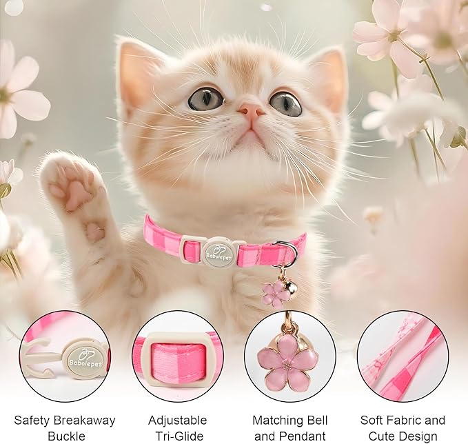 2 Pack Pink Cat Collars - Spring Summer Breakaway Cat Collar with Bell, Bow and Flower Pendant, Adjustable Kitten Collars for Girl Cats, Cute Pink Plaid &Bow