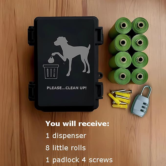 Dog Poop Bag Dispenser Wall Mounted Outside with Lock and 8 Small Rolls, Doggie Bag Holder For Backyard Post, Pole, Fence Mountable fits Home, Commercial Occasion(Black dispenser+8 rolls+lock)