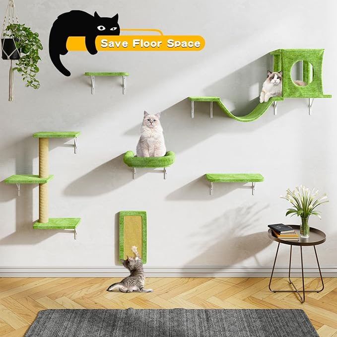 NUNU LAB Wall Mounted Cat Furniture Set - 6 Pcs Climber Set with House, Bridge, Steps, Scratcher Board - DIY Walls Playground, Indoor Cat Shelves - Green